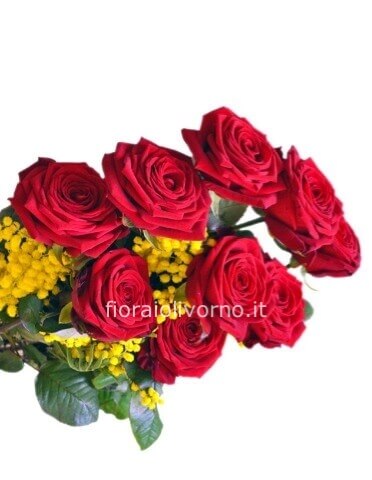 Confezione di tre Rose rosse con mimosa